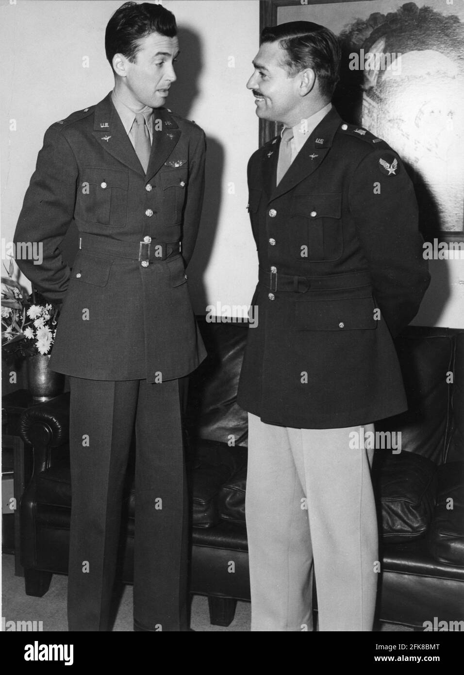 First Lieutenants JAMES STEWART and CLARK GABLE in Hollywood in early 1943 on official business meet for the first time since they both joined the U.S. Army Air Forces publicity for Metro Goldwyn Mayer Stock Photo