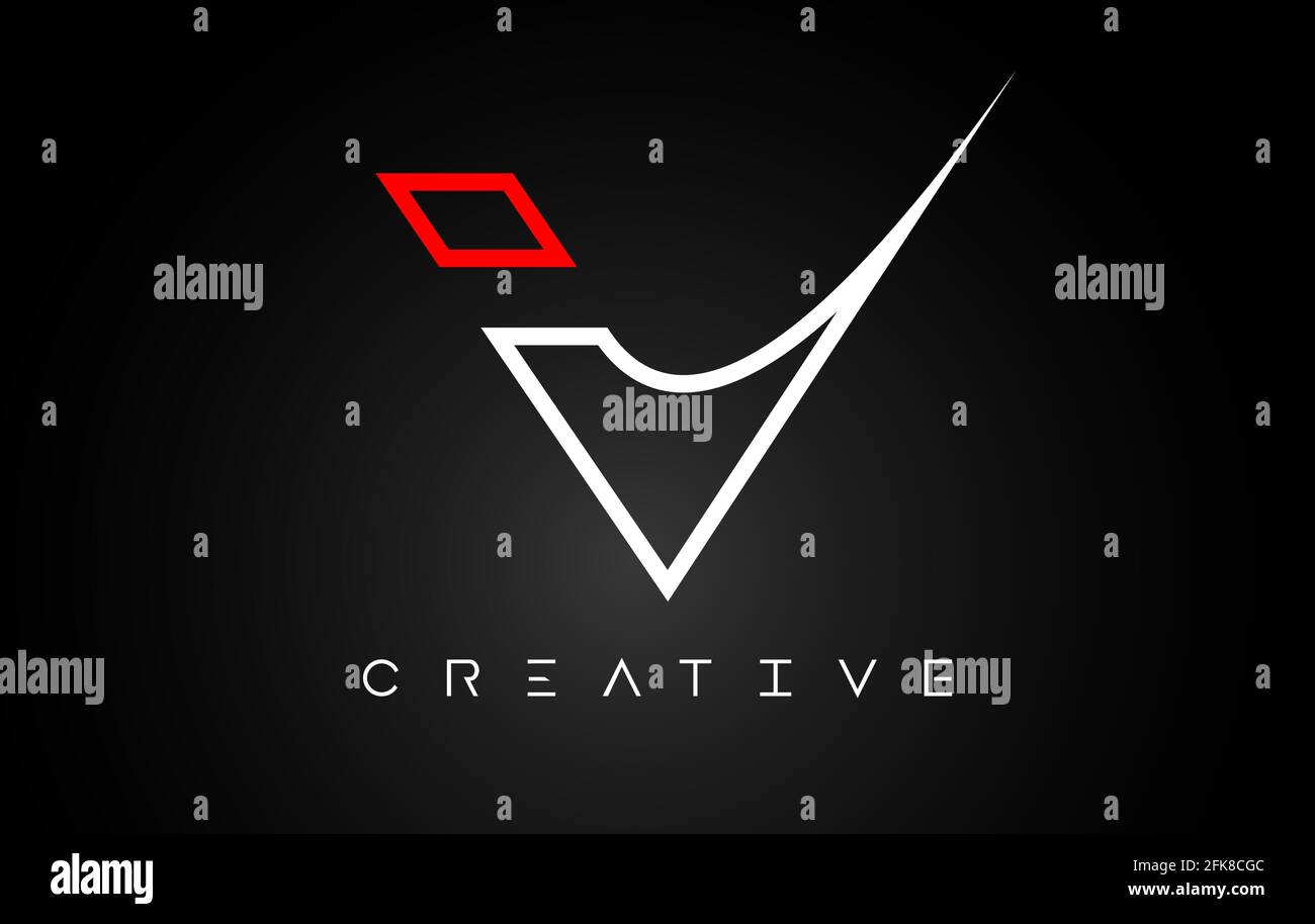 V Letter Design Logo with Monogram Line White and Red colors on a Black ...