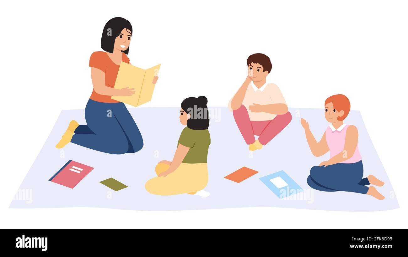 Elementary school lesson. Female kindergarten teacher reading book to children group vector illustration. Kindergarten primary education Stock Vector