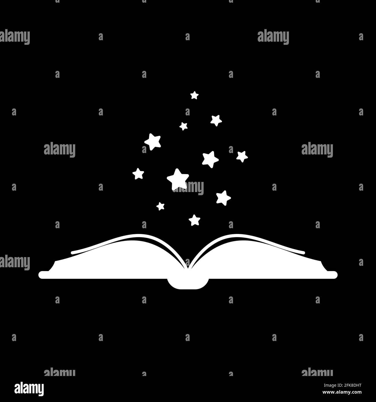 White open book with white stars flying out. Isolated on black background. Flat icon. Vector illustration. Magic book logo. Fairytale pictogram. Knowl Stock Vector