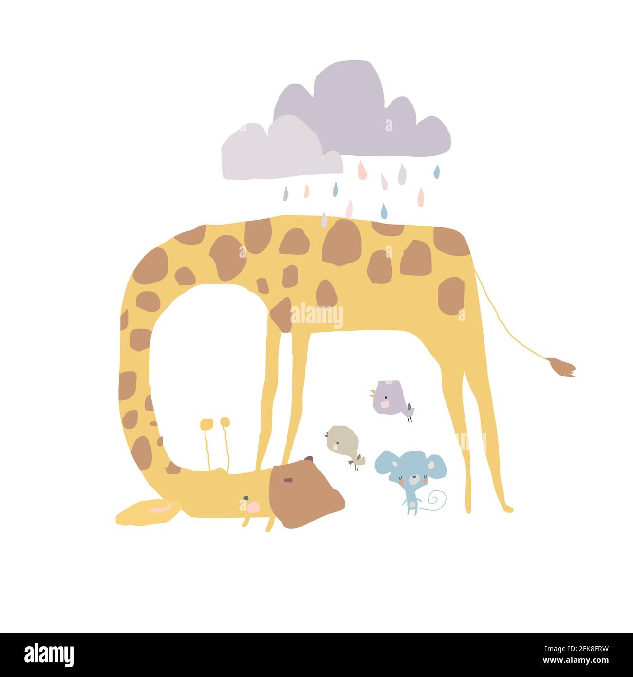 Cute Giraffe shelters Mouse and Birds from the rain Stock Vector