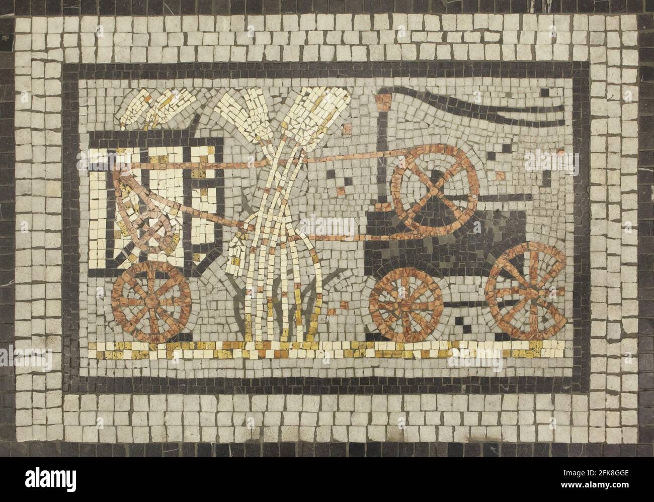 Agricultural machinery depicted in the floor mosaic (1924) in the Adria Palace (Palác Adria) in Nové Město (New Town) in Prague, Czech Republic. The building designed by Czech modernist architects Josef Zasche and Pavel Janák was built from 1923 to 1924 for the Italian insurance company Riunione Adriatica di Sicurtà (RAS). Stock Photo