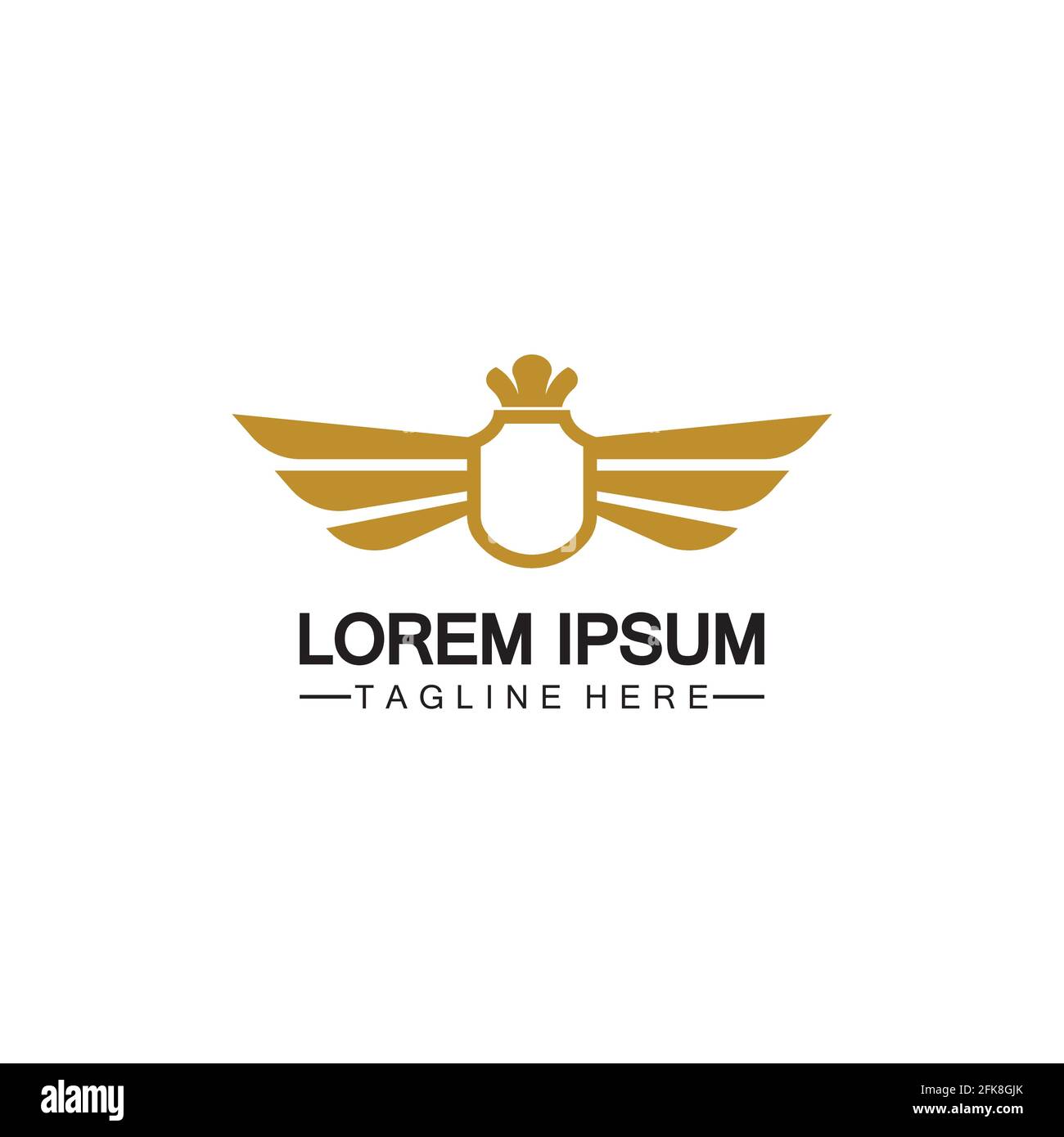 Golden winged shield with crown logo / heraldry symbol isolated white background Stock Vector