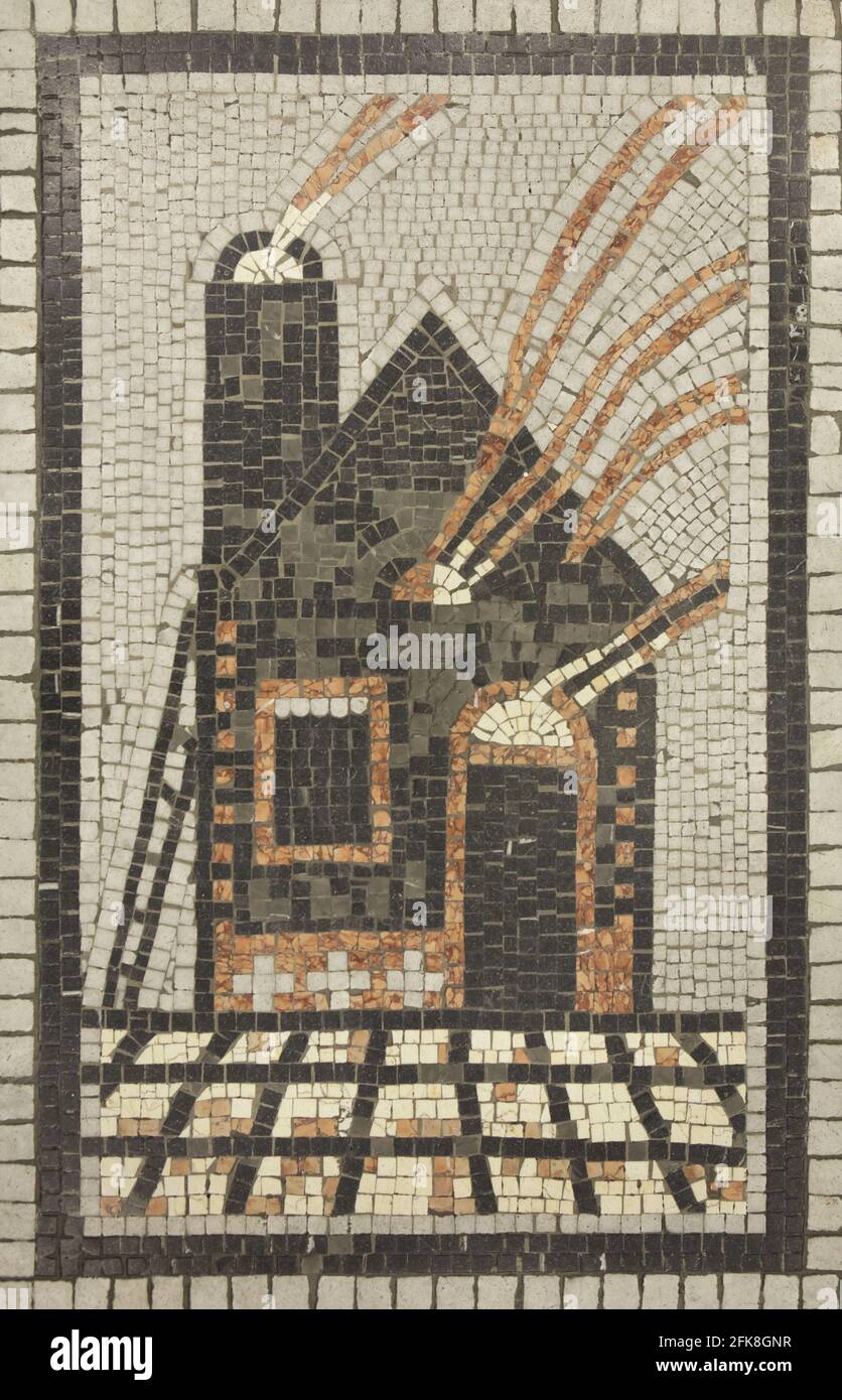 House in fire depicted in the floor mosaic (1924) in the Adria Palace (Palác Adria) in Nové Město (New Town) in Prague, Czech Republic. The building designed by Czech modernist architects Josef Zasche and Pavel Janák was built from 1923 to 1924 for the Italian insurance company Riunione Adriatica di Sicurtà (RAS). Stock Photo