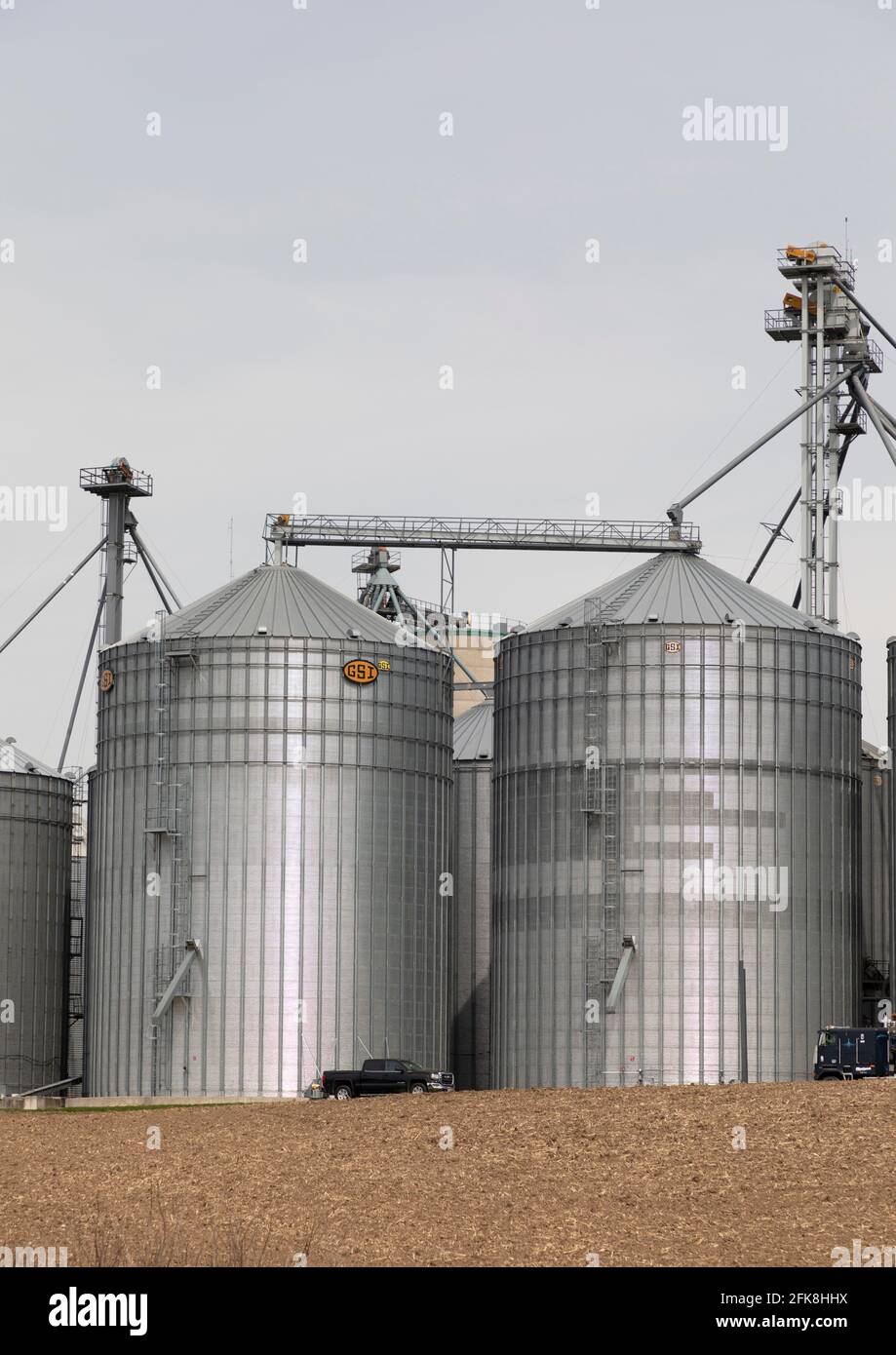 Silos at a feed mill agricultural manufacturing. Kitchener Ontario
