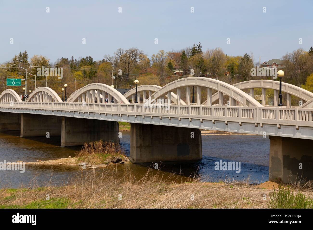 Multispan bow bridge over the Grand River in Kitchener (Bridgeport). Kitchener Ontario Canada