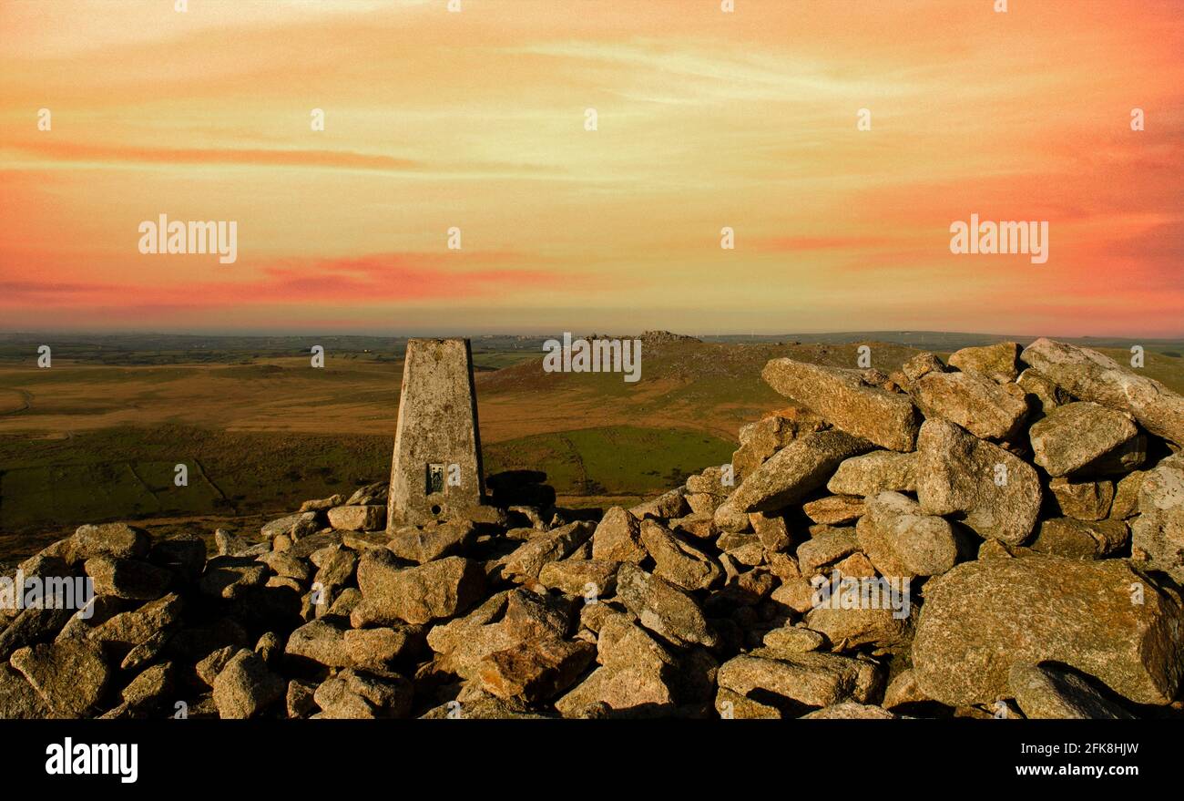 Sunset at brown willy summit on bodmin moor in cornwall england Stock Photo