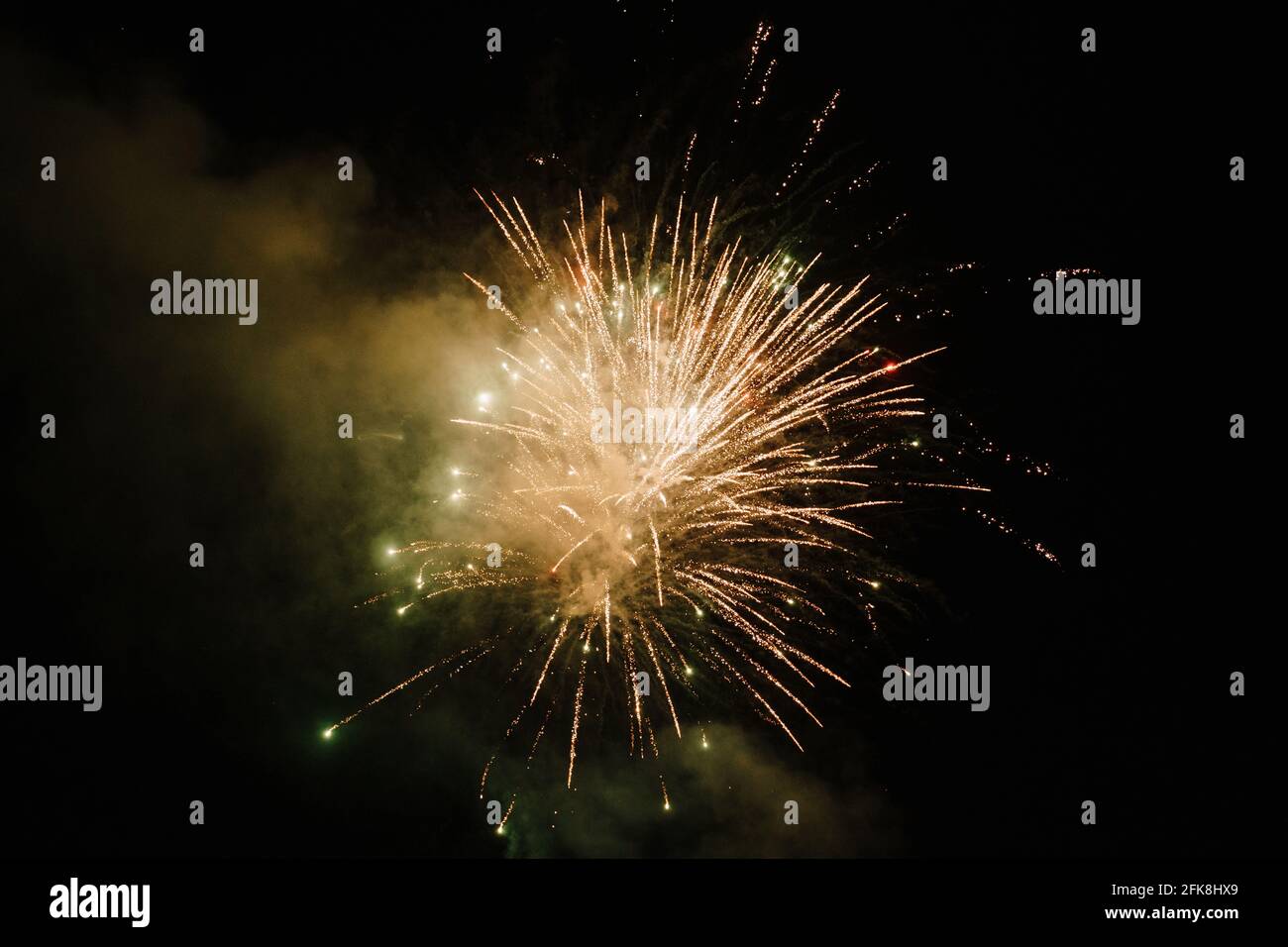 Bright fireworks explode in the night sky Stock Photo