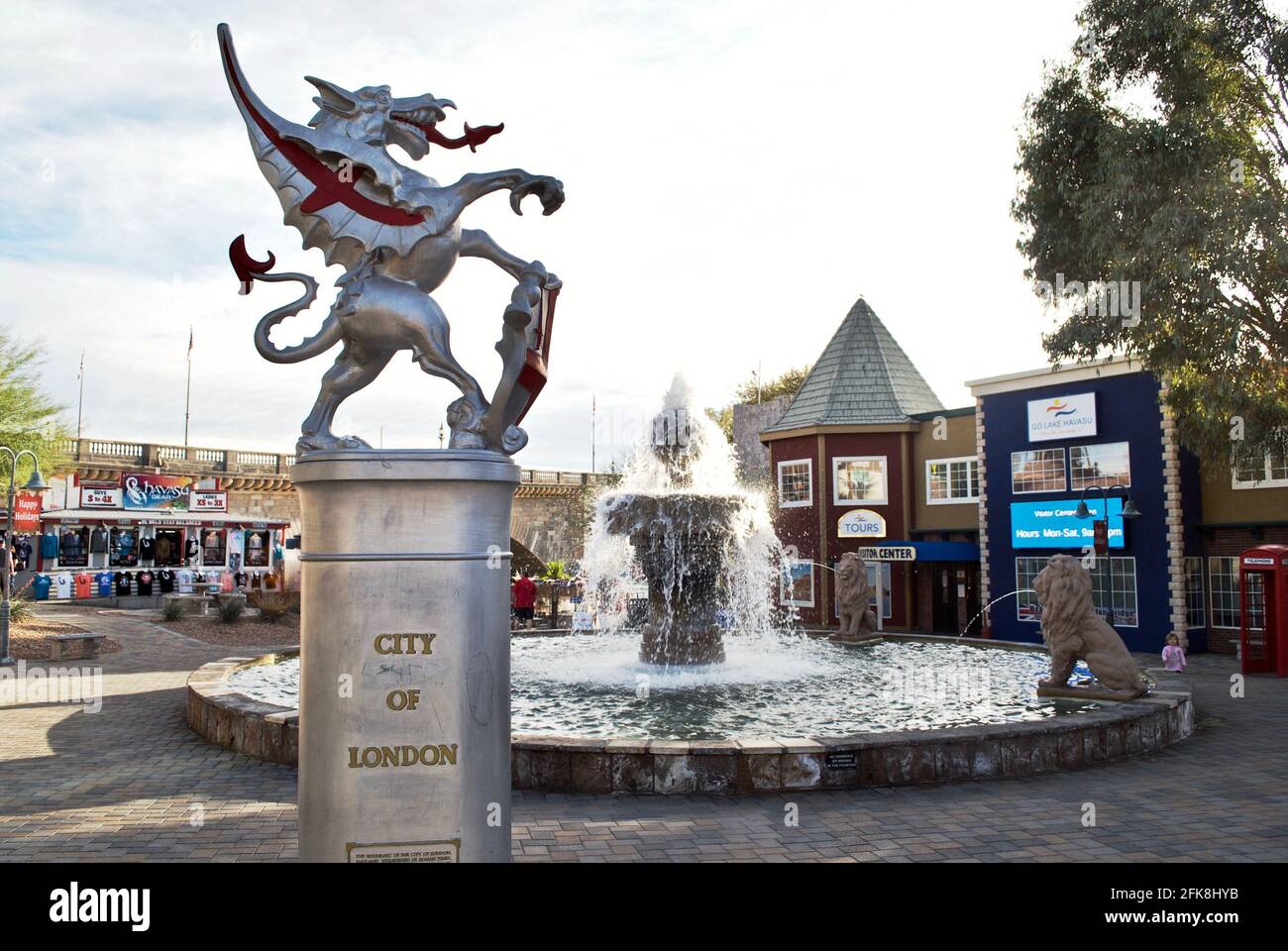 Lake Havasu City, Arizona: London Dragon Boundary Marker and lion fountain greet visitors at the lower entrance of the English Village. Stock Photo