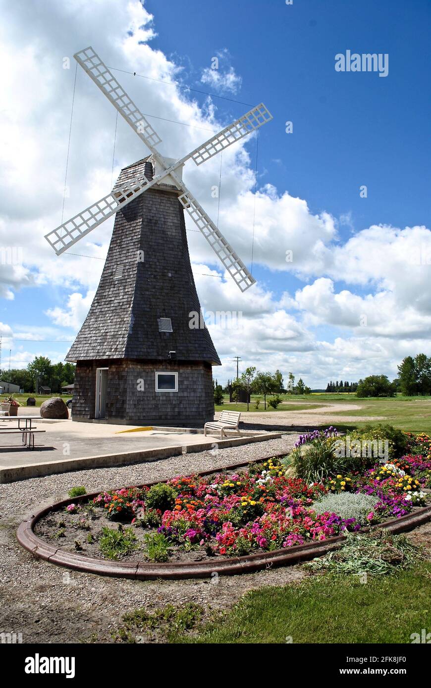 Windmill in Holland, Manitoba, Canada near the Trans Canada Highway. Tribute to the windmills of Holland (Netherlands). Canadian roadside attraction. Stock Photo