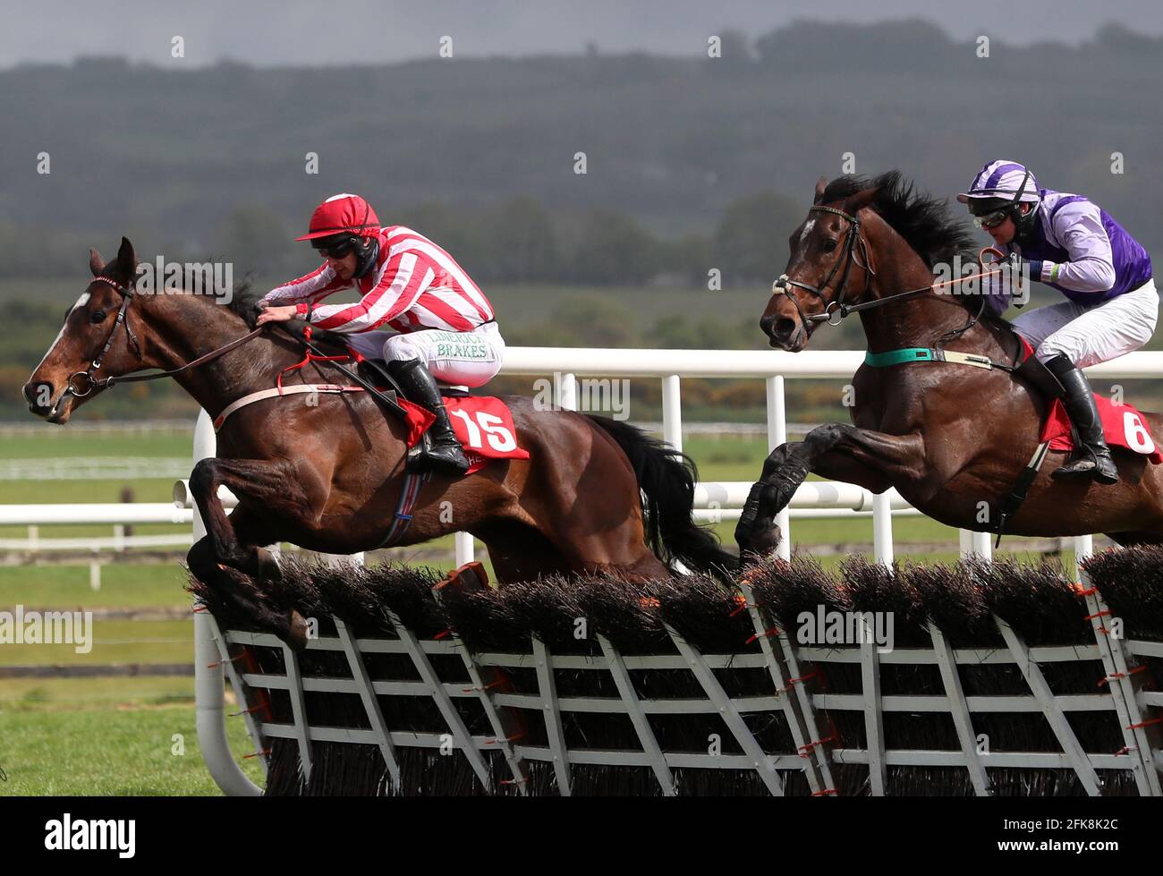 Cathal Landers riding Jiving Jerry (left) on their way to winning the Specialist Joinery Group Handicap Hurdle during Day Three of the Punchestown Festival at Punchestown Racecourse in County Kildare, Ireland. Issue date: Thursday April 29, 2021. Stock Photo