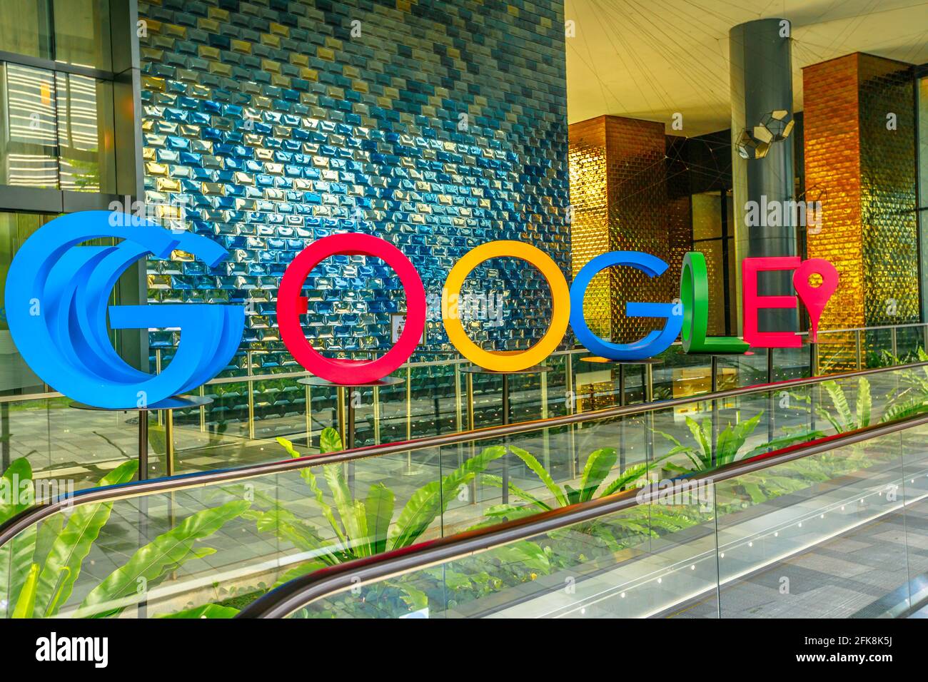 Singapore - May 5, 2018: Google welcome sign on the lobby of new Google Headquarters, Mapletree Business City II in Singapore. Google's Asia-Pacific Stock Photo