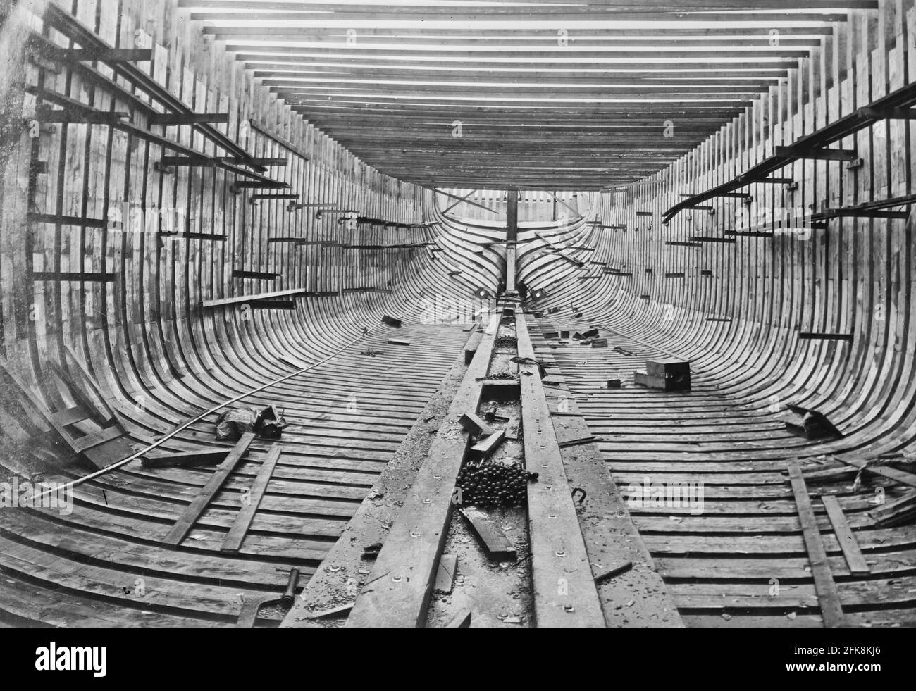 McEachern Yard, Astoria -- interior wooden ship, circa 1920 Stock Photo