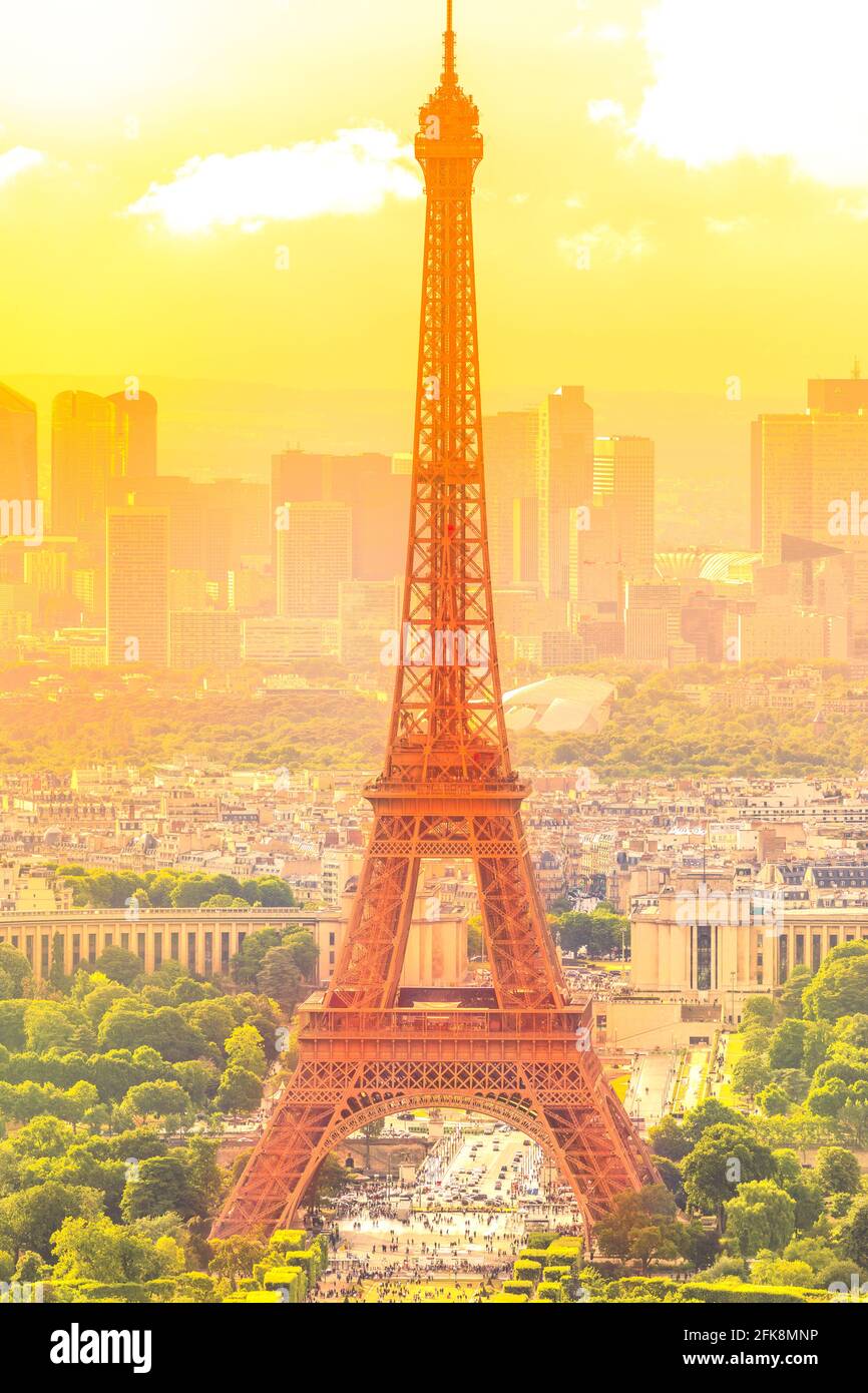 sunset on cityscape skyline of Paris with Eiffel Tower on background. Seasonal picturesque background in summer. Scenic wallpaper with Eiffel Tower Stock Photo