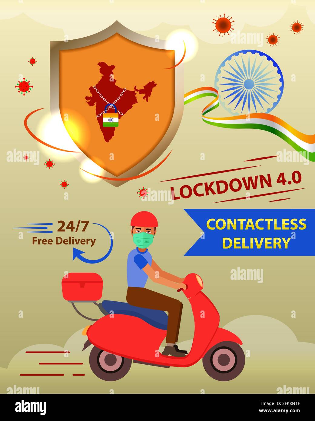 Delivery man with protective face mask. India will fight against Covid-19 for website and social media post. Lockdown due to novel coronavirus. Stock Vector