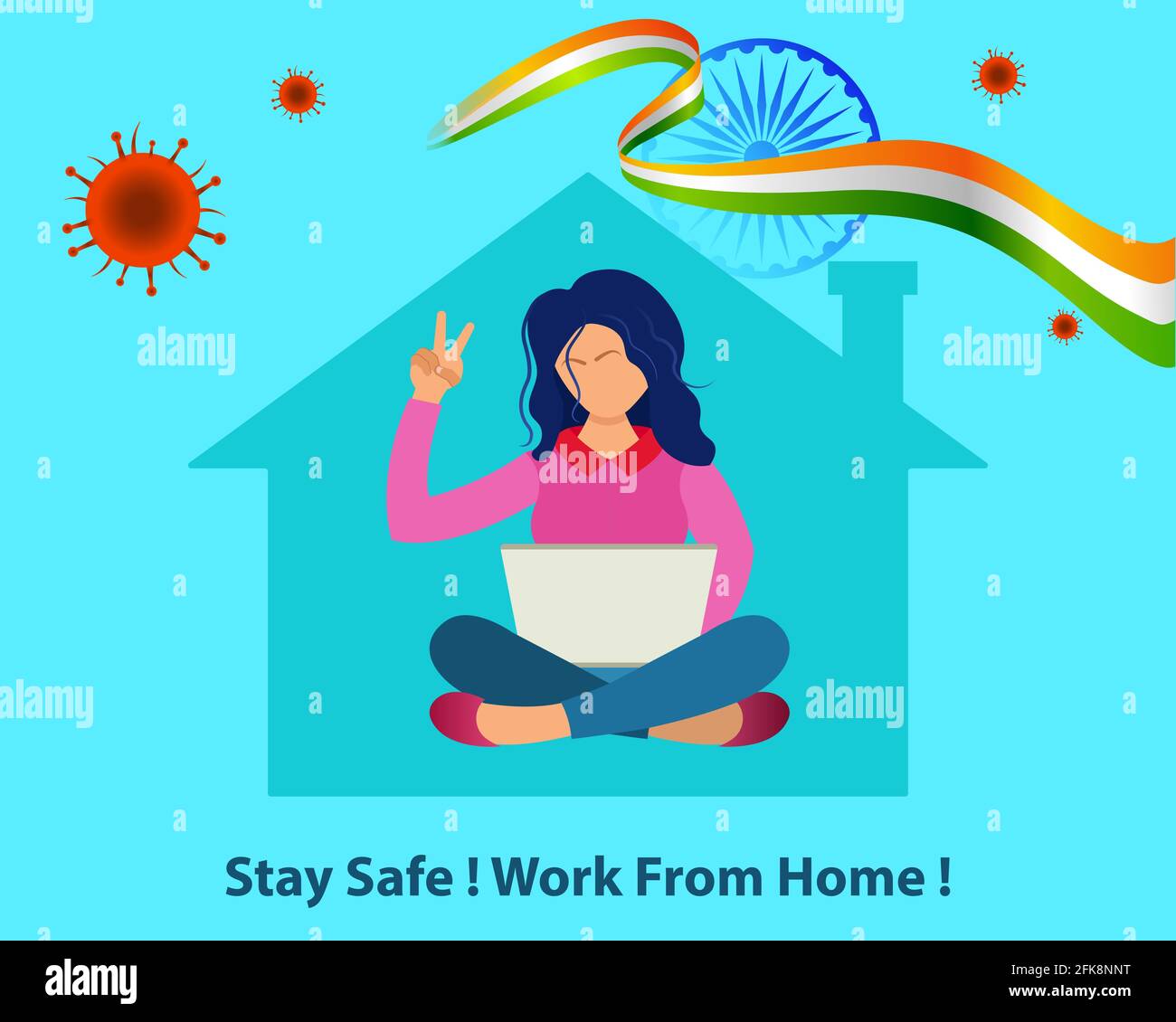 Work from home India due to Covid-19 worldwide pandemic. Stay home save lives. Home quarantine. Grow economy, save nature and fight with corona virus. Stock Vector