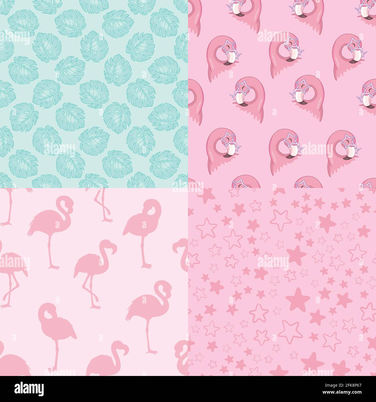 Set of vector wallpapers set of seamless patterns with images of flamingos Stock Vector