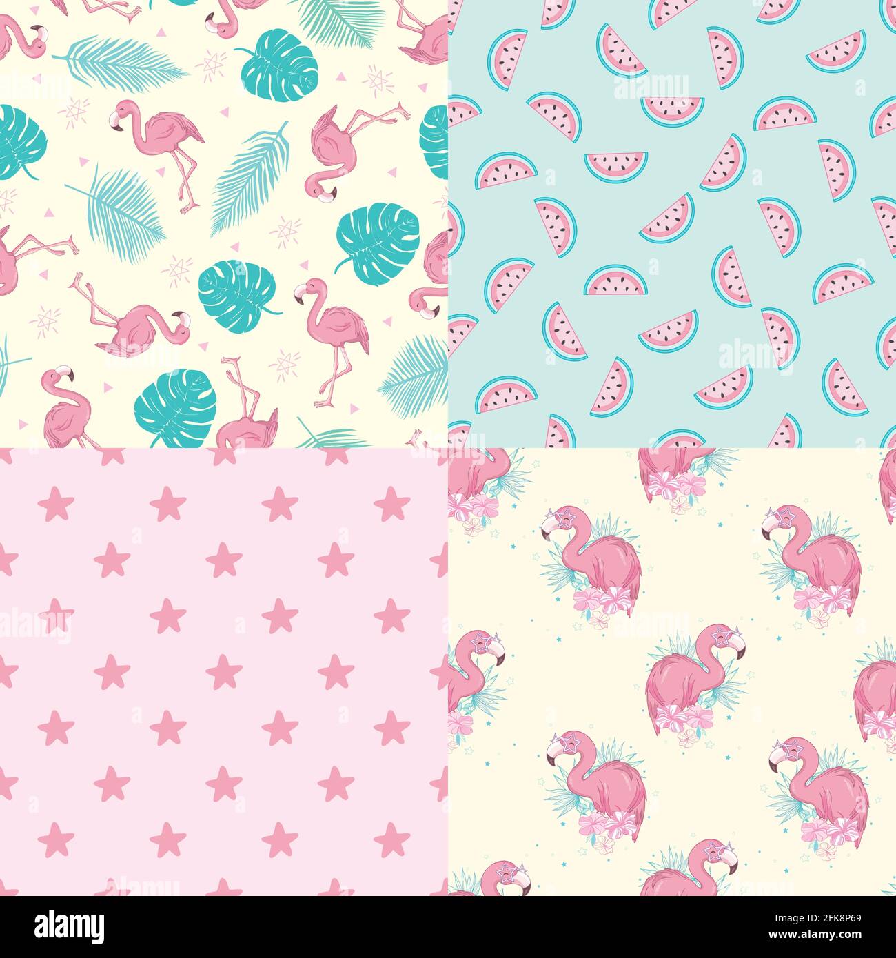 Set of vector wallpapers set of seamless patterns with images of flamingos Stock Vector