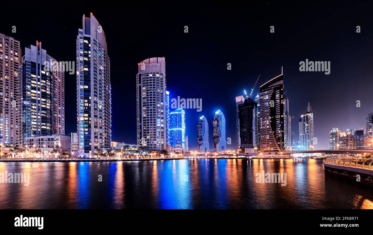 Dubai Marina at night, UAE Stock Photo
