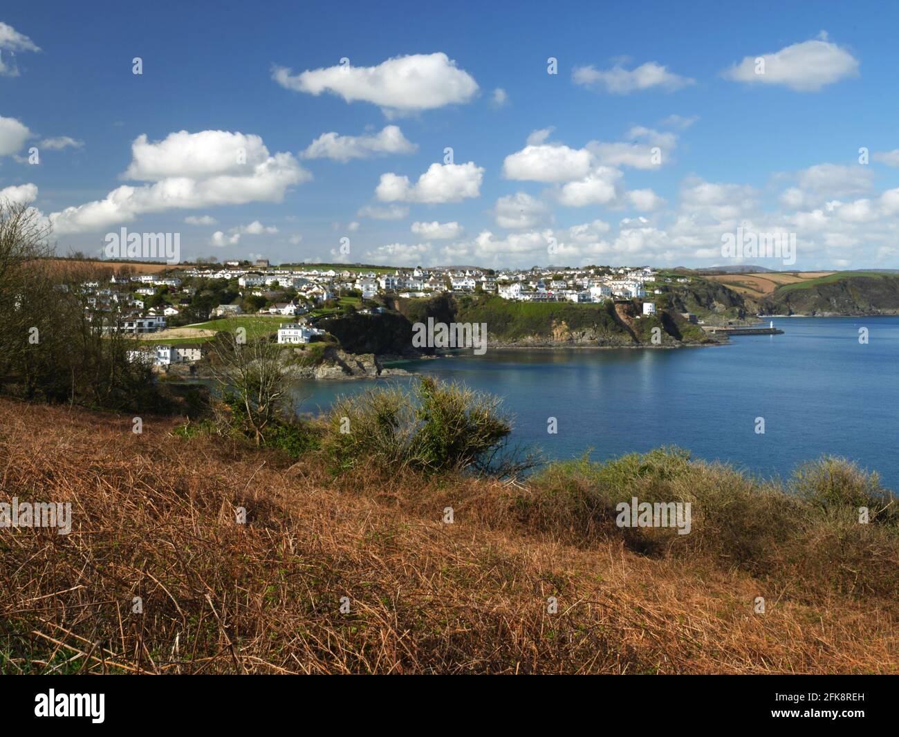 Mevagissey seen from Chapel Point, Portmellon, Cornwall, on an early