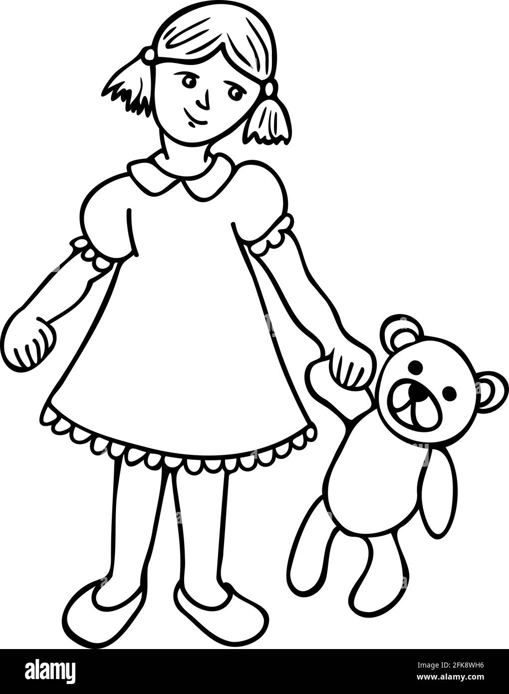 Vector black and white illustration of little girl with toy bear in hand. Girl with a teddy bear. Design for coloring book. Stock Vector