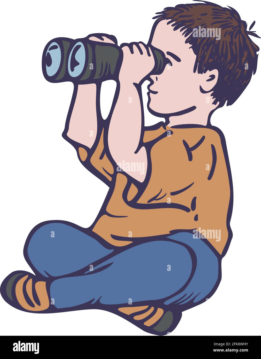 Vector colorful illustration of sitting boy with binoculars. Little boy