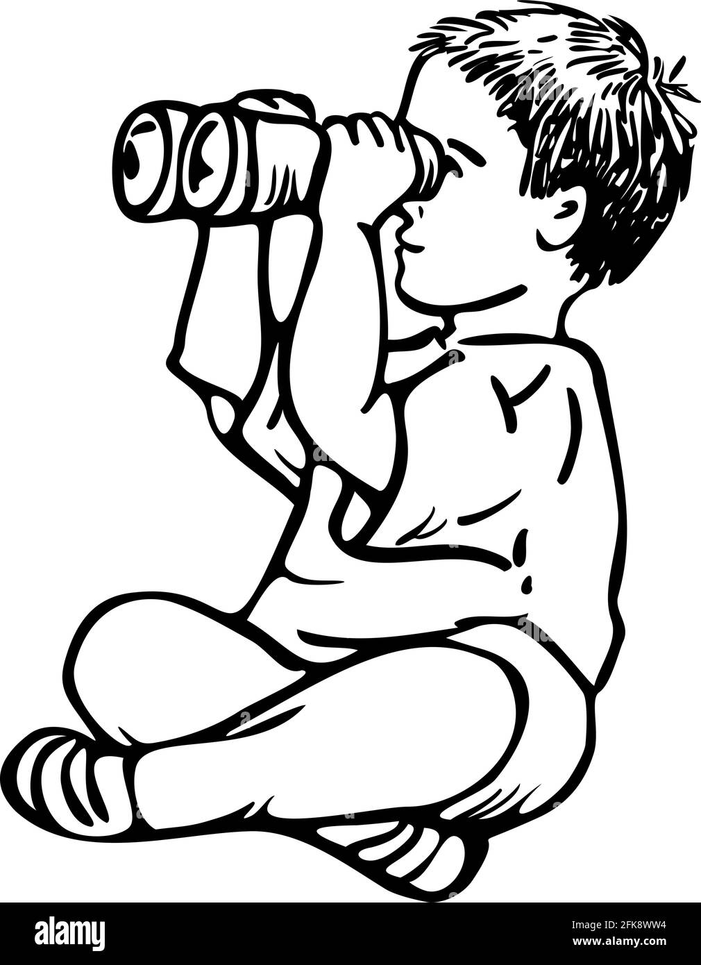 Vector black and white illustration of little boy is looking through binoculars. Design for coloring book. Stock Vector