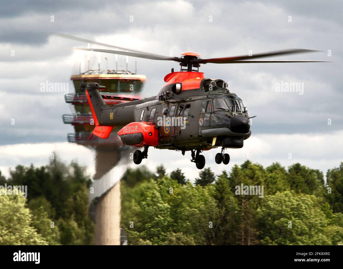 Eurocopter AS332 Super Puma (Helikopter 10) Swedish air force rescue helicopter at flight day at Malmen Airbase. Malmen airbase is a military airbase located in Malmslätt, Linköping, Sweden. Stock Photo