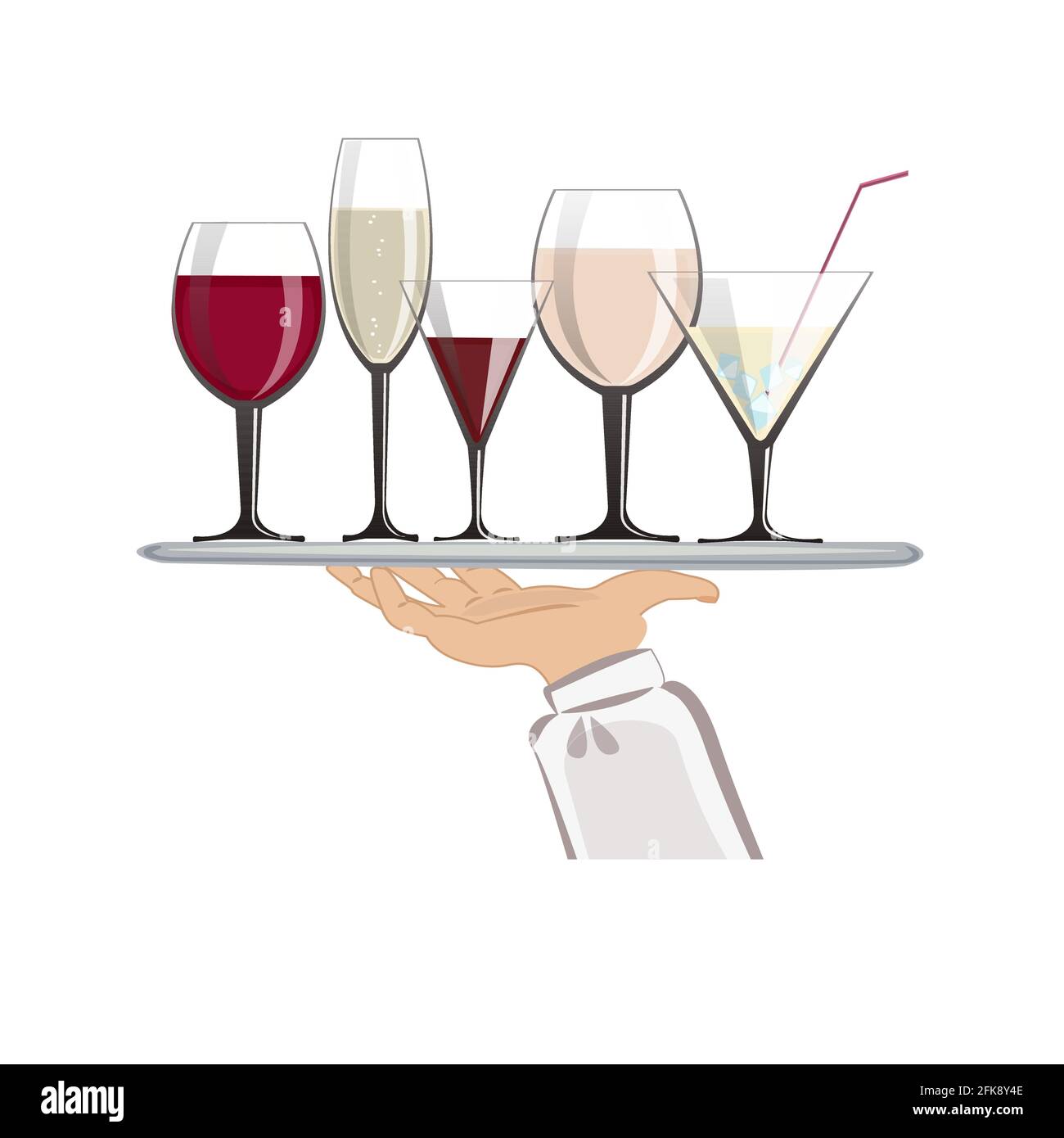 The waiter's hand holds a tray with glasses for wine, martini and champagne. Vector illustration isolated on a white background. A template for your d Stock Vector