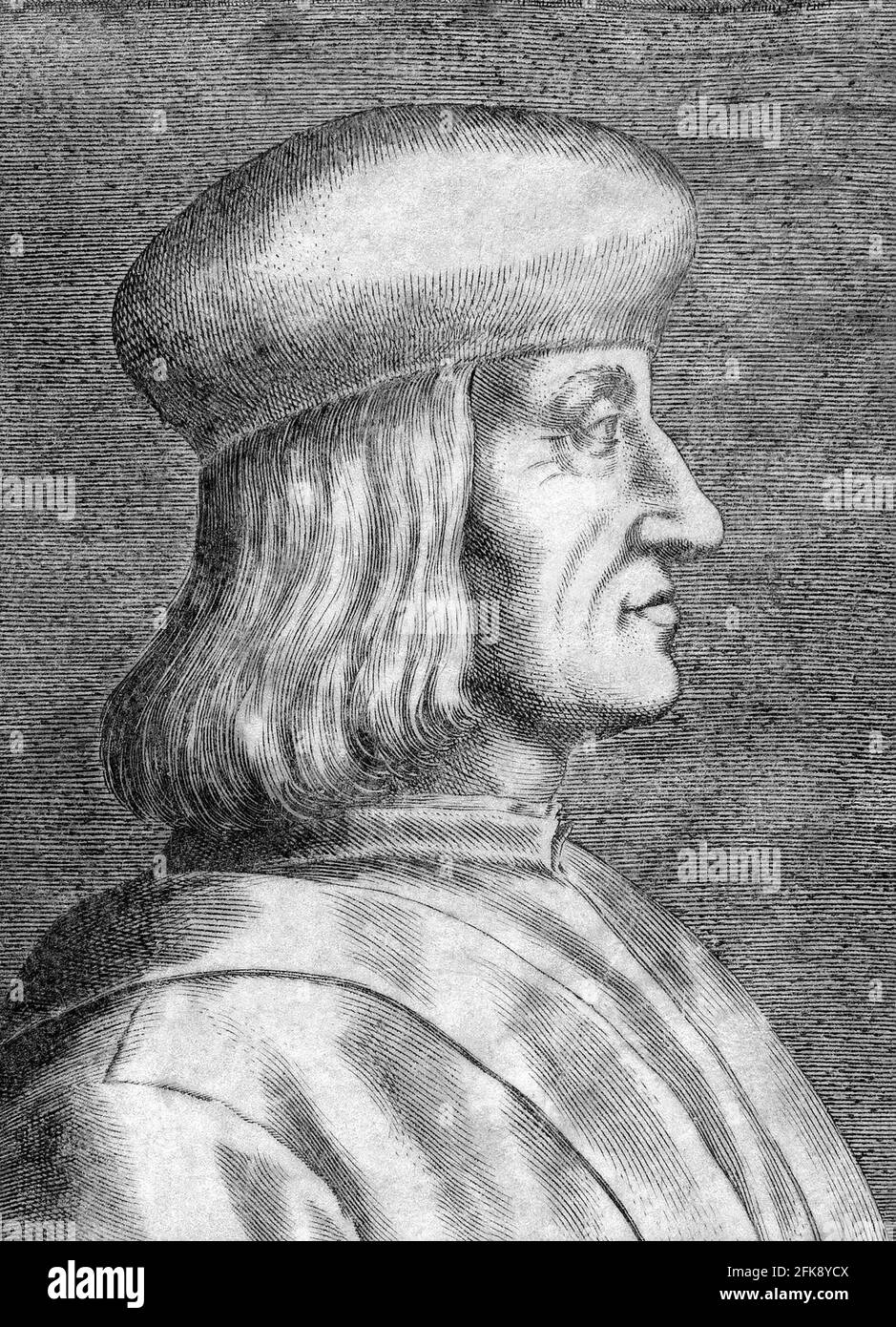 Aldus Manutius. Portrait of Italian scholar and founder of the Aldine Press, Aldus Pius Manutius (1449/1452-1515), engraving on vellum, 1482-1514, attributed to Giulio Campagnola Stock Photo