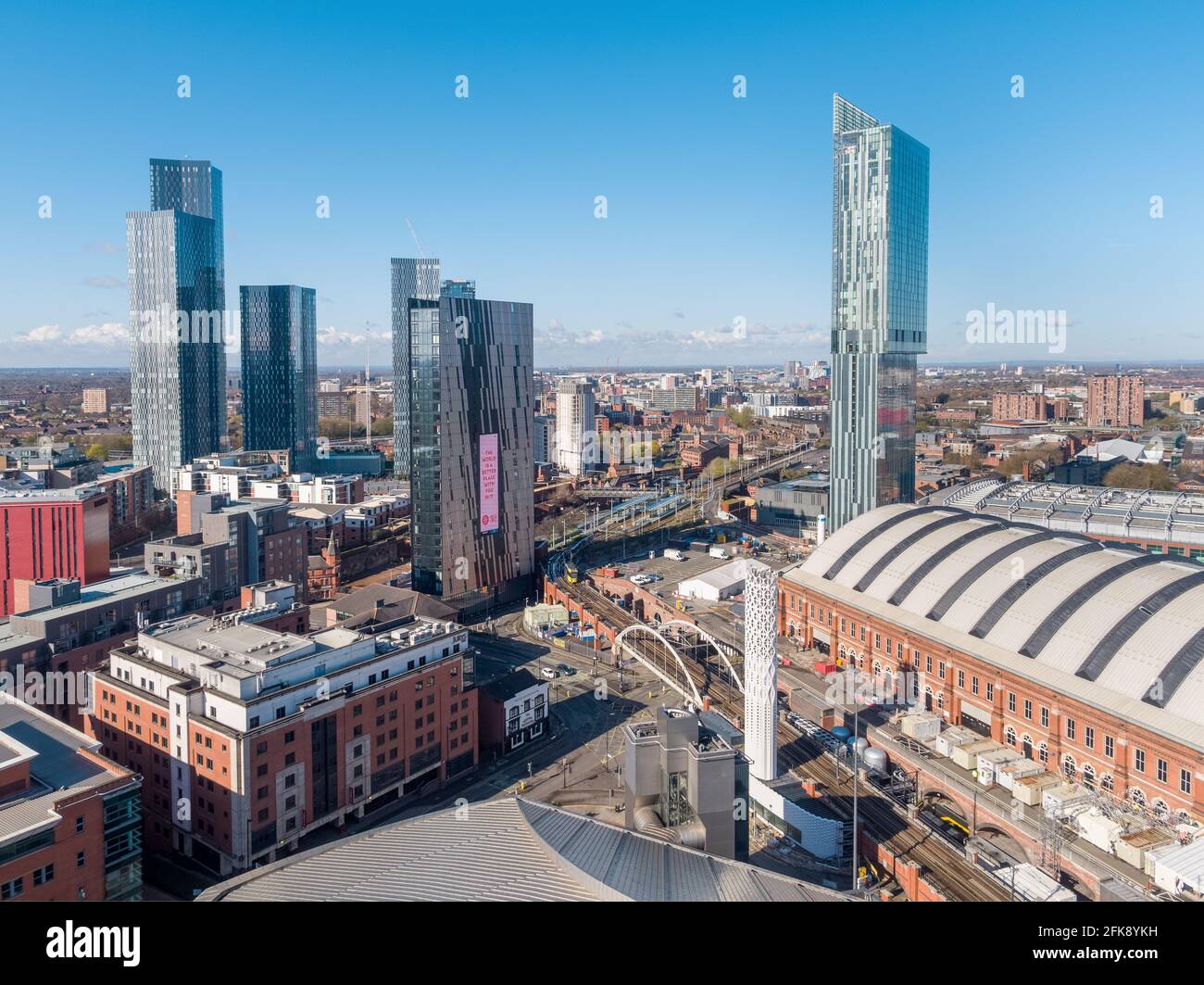 Aerial drone photography of Manchester city centre on a sunny day including Beetham Tower, Deansgate Square, Manchester Central, AXIS Tower Stock Photo