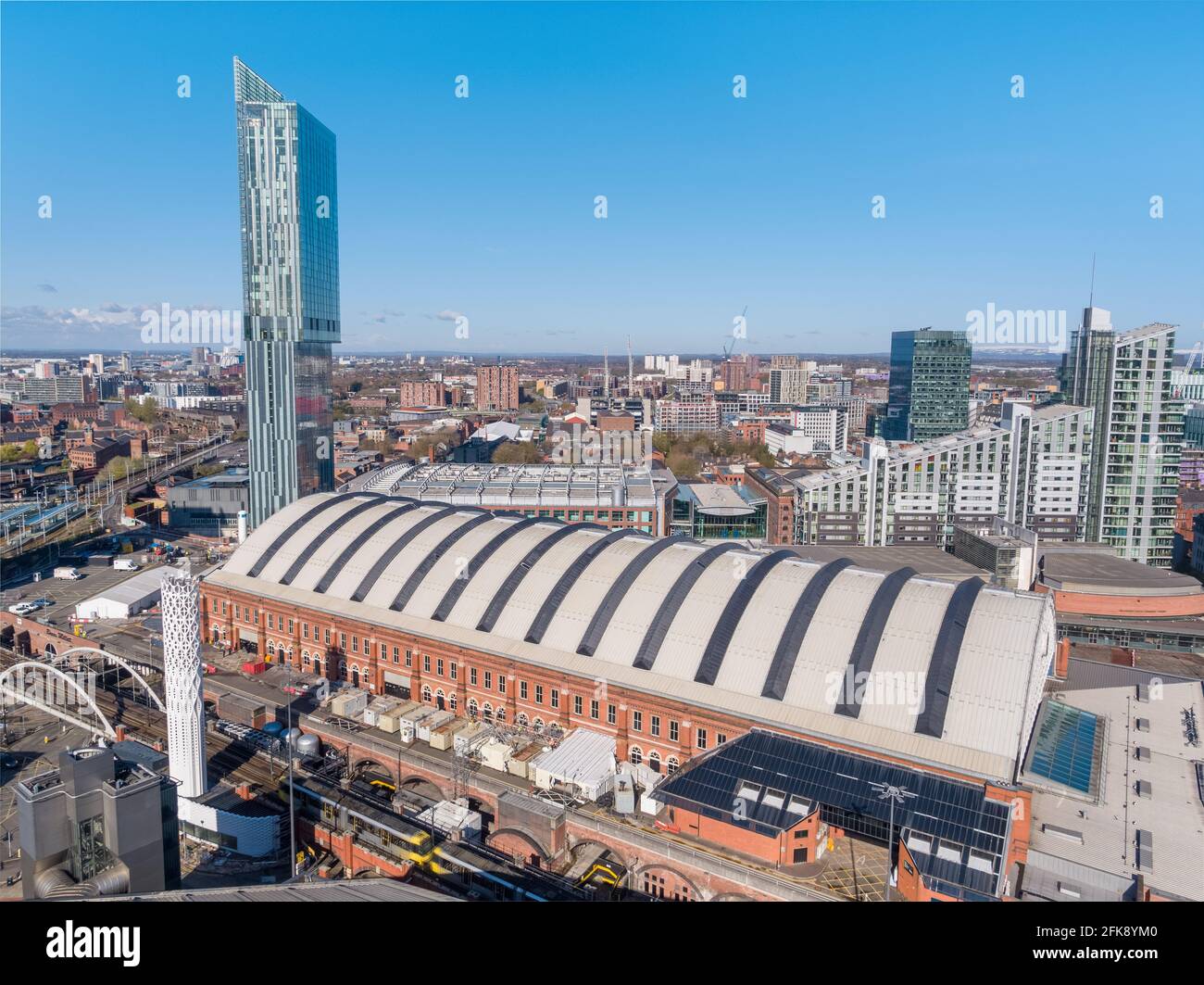 Aerial drone photography of Manchester city centre on a sunny day including Beetham Tower, Deansgate Square, Manchester Central, AXIS Tower Stock Photo