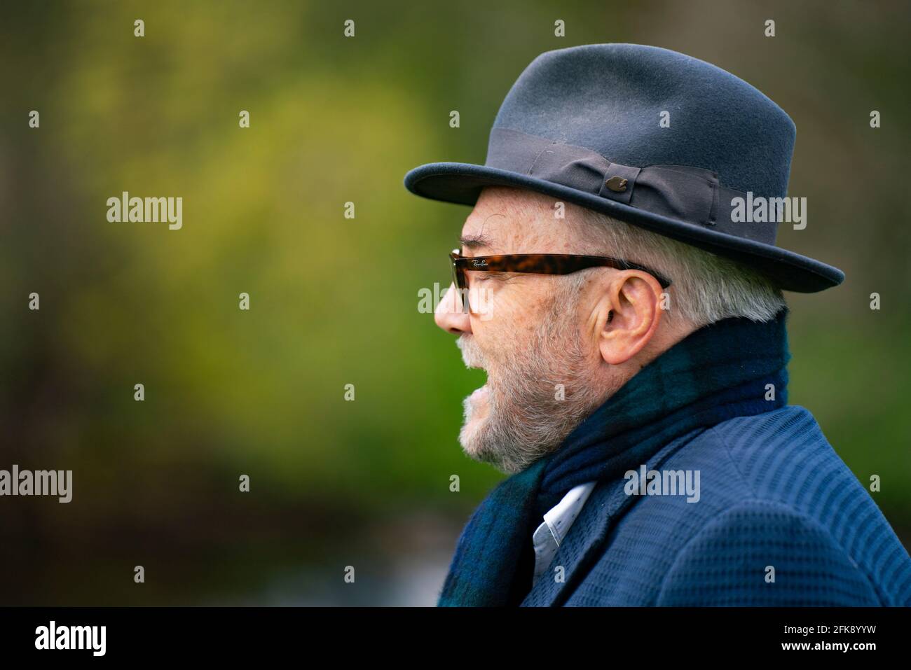 Jedburgh, Scotland, UK. 29 April 2021. Founder of the All for Unity party George Galloway makes a campaign stop to canvass local people  and make a speech against a hard border with England in Jedburgh in the Scottish Borders. Iain Masterton/Alamy Live News Stock Photo