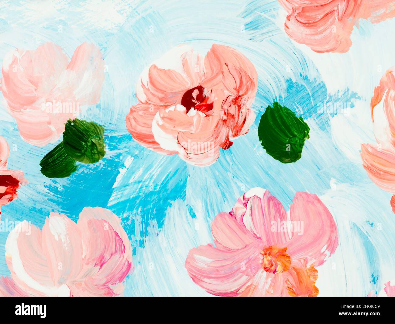 Abstract flowers, blue and pink creative hand painted background