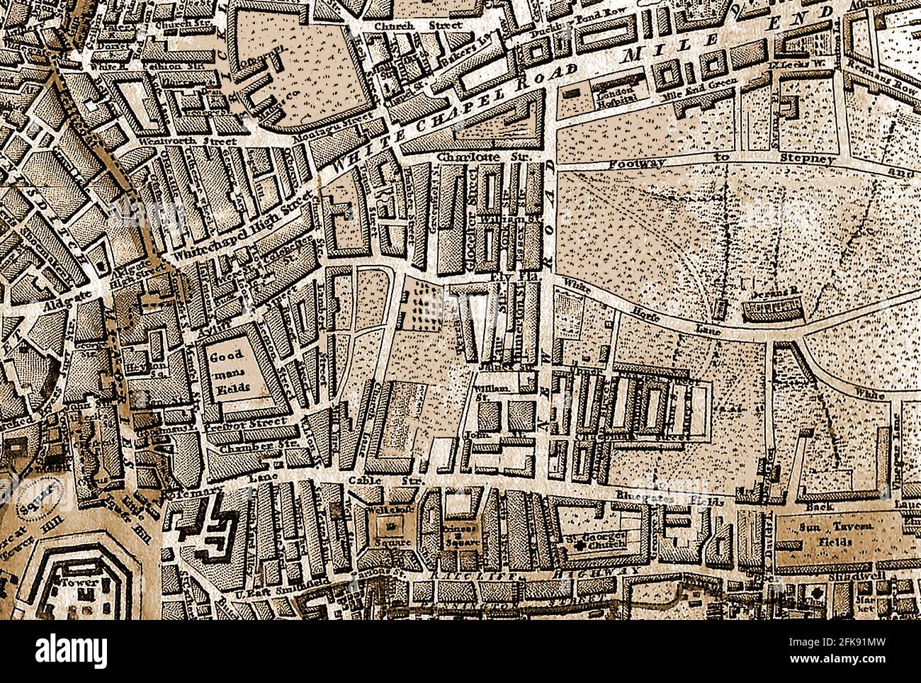 Petticoat Lane London Map A Very Early Part Map Of The Streets Of London England And Its Features  Including Whitechapel Road, Sun Tavern Fields,Goodmans Fields,Mile  End,Green,Whitechapel High Street,Aldgate,Tower Of London,Tower Hill,  Bluegates Fields,Petticoat Lane, St Georges