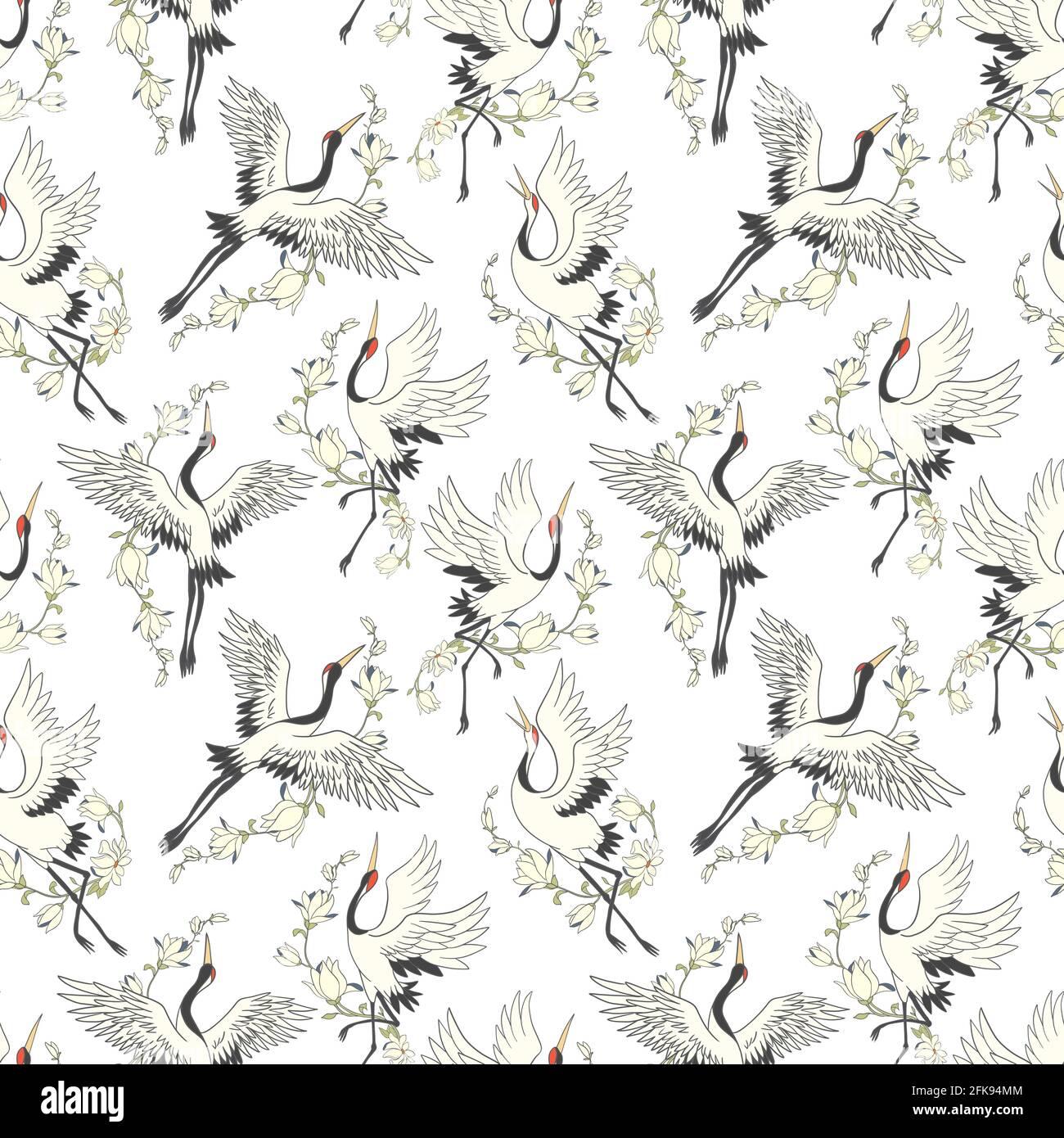 Seamless pattern with flowers and white Japanese cranes. Vector, illustration Stock Vector