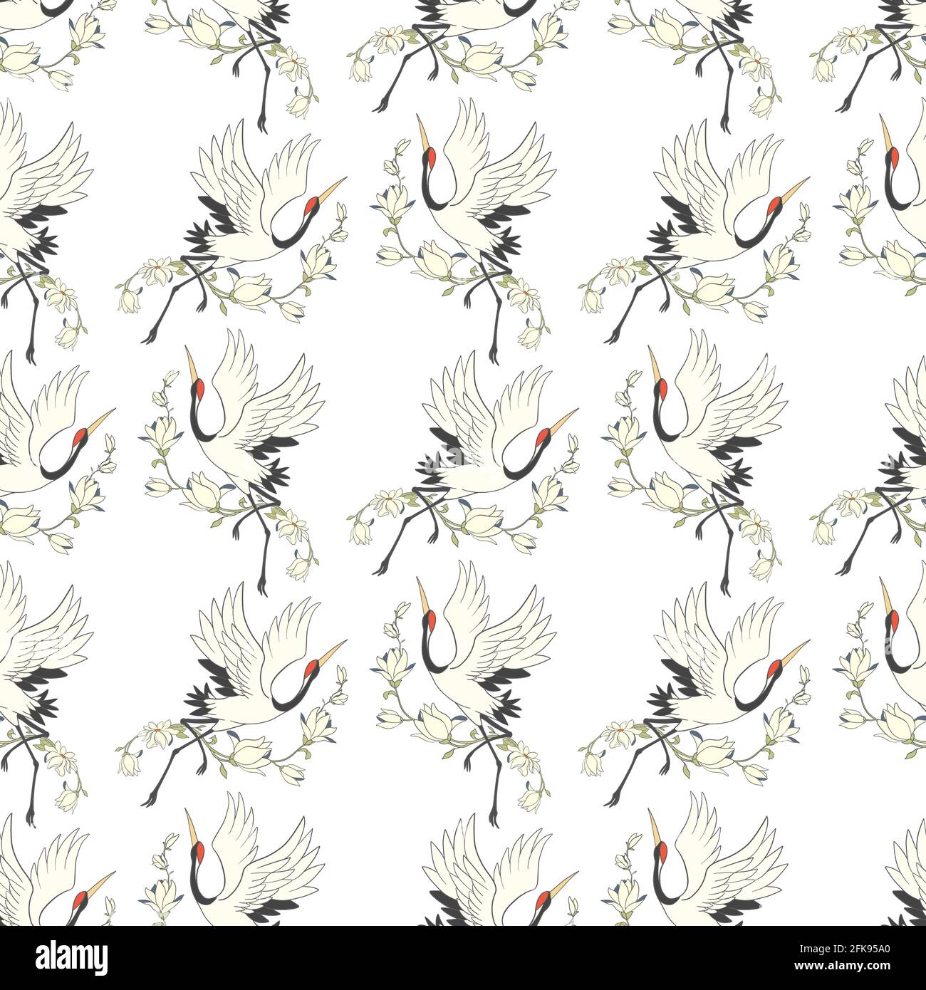 Seamless pattern with flowers and white Japanese cranes. Vector, illustration Stock Vector
