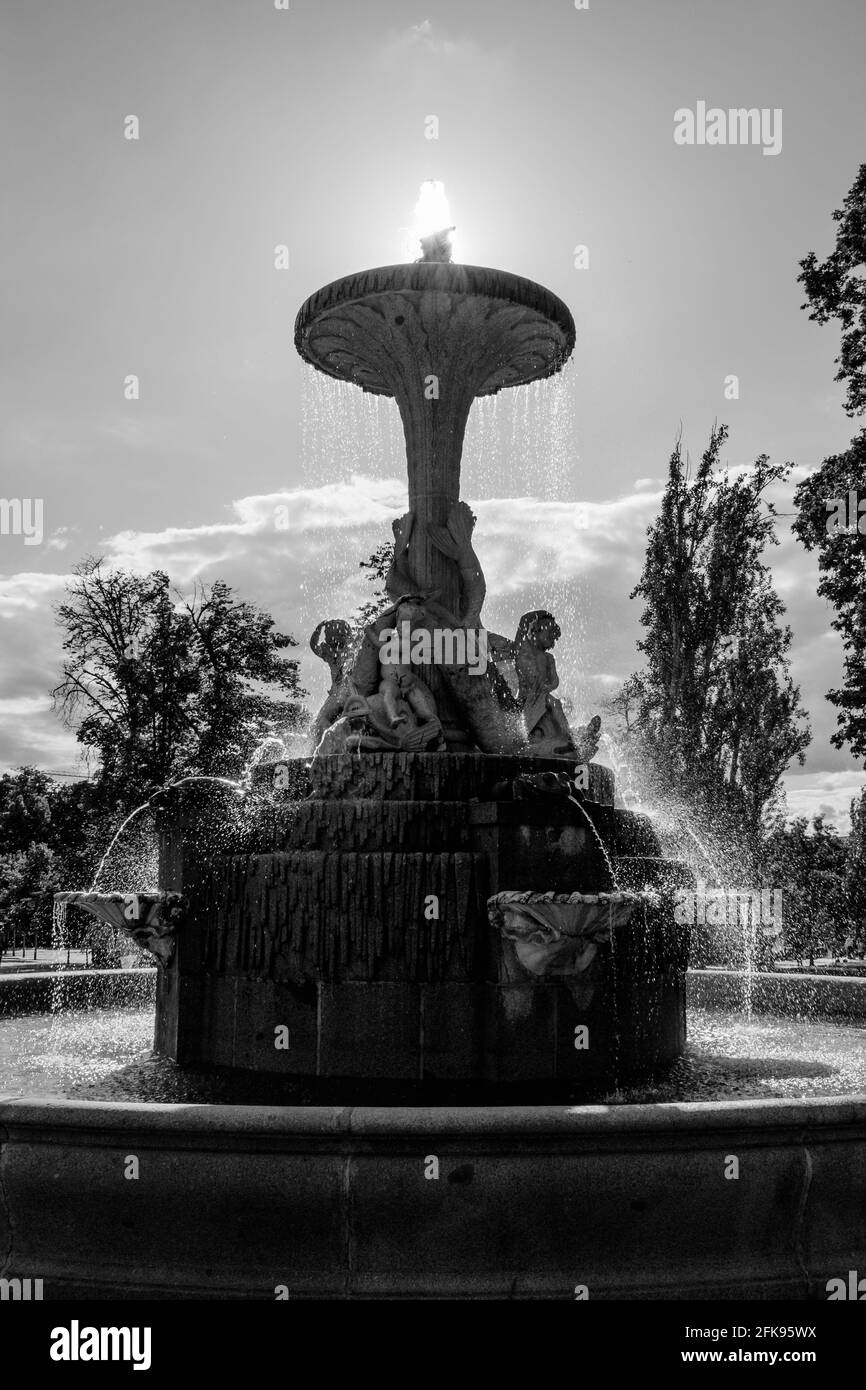 MADRID - MAY 26, 2018: Detail of the sculptural group at the base of the Turtle Fountain in the Retiro Park in Madrid. This fountain was built in 1832 Stock Photo