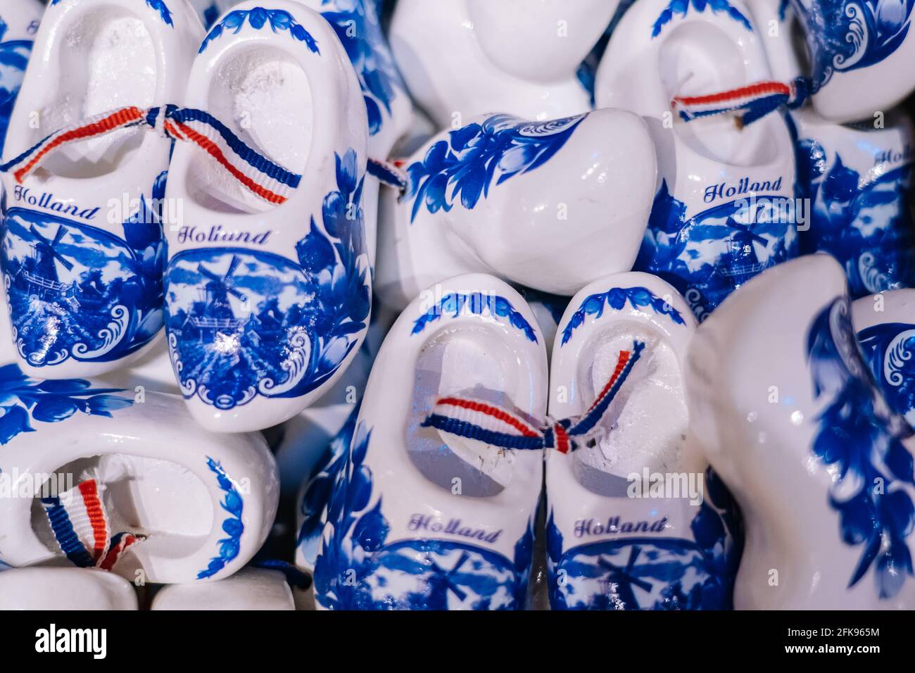ZAANSE SCHANS, NETHERLANDS. November 2020. Dutch traditional colorful handmade wooden shoes