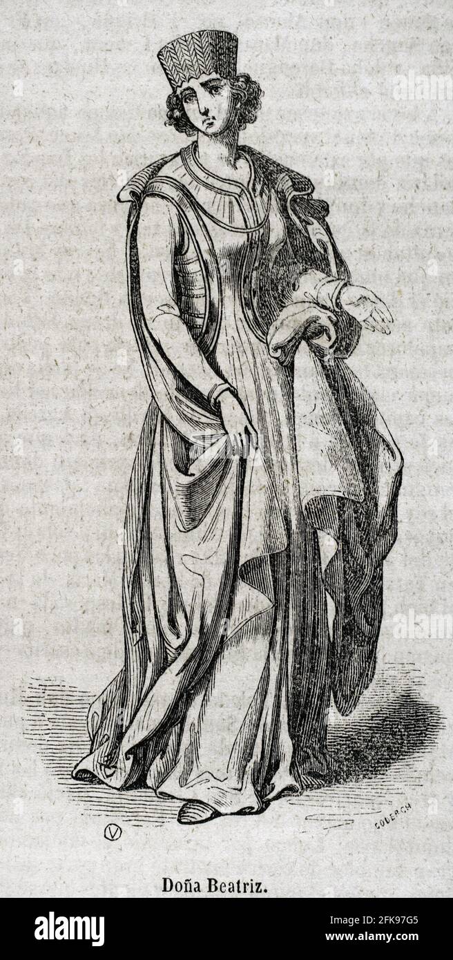 Elisabeth of Swabia or Beatrice of Swabia (1205-1235). Member of the House of Hohenstaufen. Queen consort of Castile and Leon by marriage to Ferdinand III. Engraving by Coderch. Historia General de España by Padre Mariana. Madrid, 1852. Stock Photo