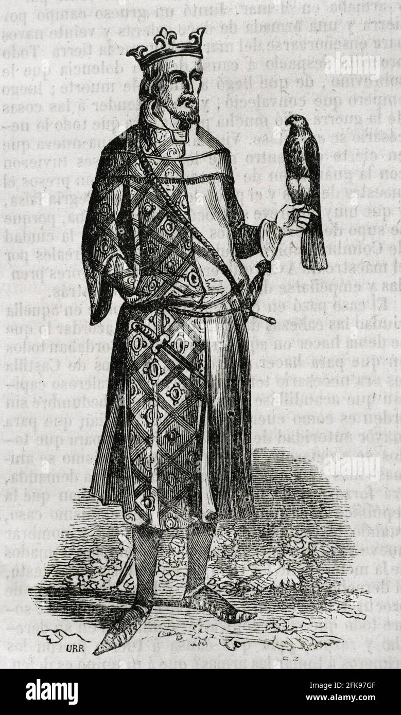 Juan I of Aragon, called the Hunter or the Lover of all Elegance (1350-1396). King of Aragon, Valencia, Mallorca, Sardinia and Corsica, and Count of Barcelona, Roussillon and Sardinia (1387-1396). House of Aragon. Engraving. Historia General de España, by Father Mariana. Madrid, 1852. Stock Photo