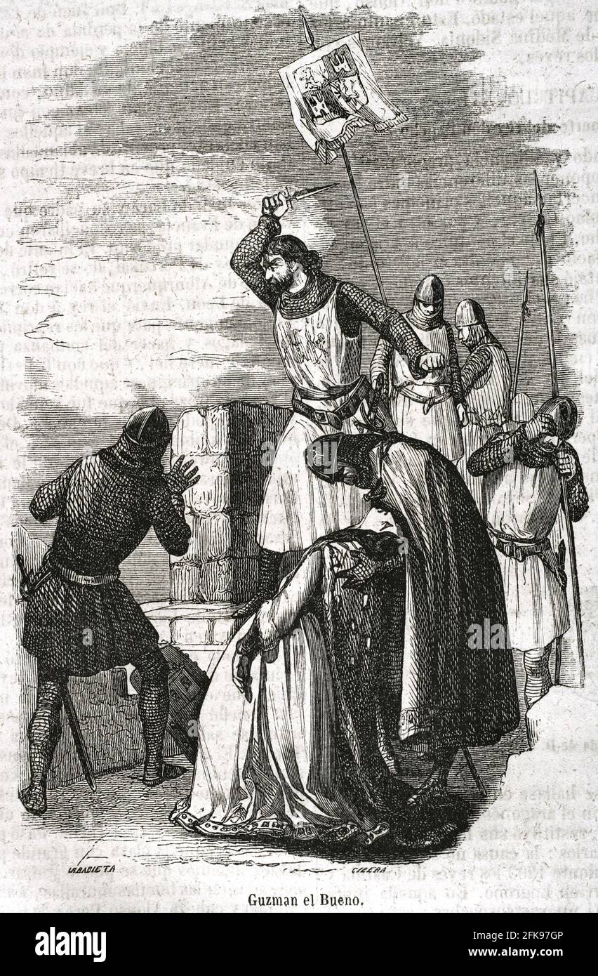 Alonso Pérez de Guzmán, called Guzmán el Bueno (Guzman the Good) (1256-1309). Leonese military and nobleman, founder of the house of Medina Sidonia. Guzmán el Bueno throwing his dagger in the siege of Tarifa so that they would kill his kidnapped son before giving the place to the enemy. Illustration by Urrabieta. Engraving by Cibera. Historia General de España by Father Mariana. Madrid, 1852. Stock Photo