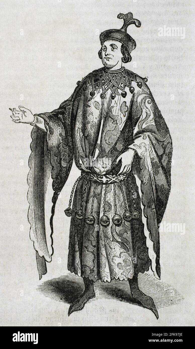 Mosén Borra, real name Antoni Tallander (born in Barcelona in 1358). Jester, knight and diplomat at the court of King Martin I of Aragon 'the Humane', Ferdinand I of Antequera and Alfonso V of Aragon 'the Magnanimous'. Engraving after a statue of his tomb in the Cathedral of Barcelona. Historia General de España by Father Mariana, 1852. Stock Photo