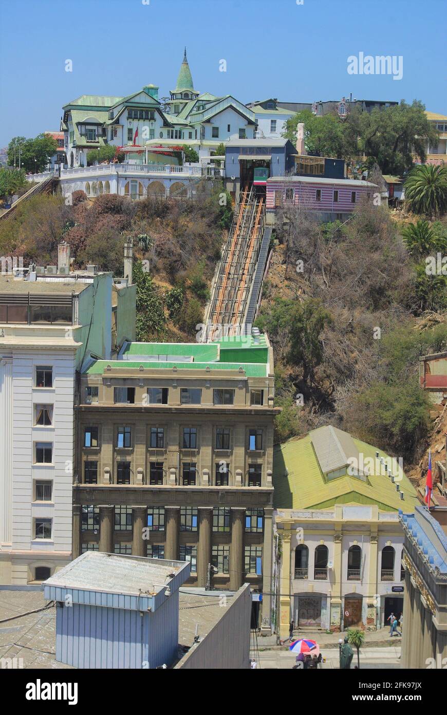 High viewpoint of the Palacio Baburizza museo de bellas artes and the El Peral funicular leading up from the port area, Valparaiso, Chile, South America Stock Photo