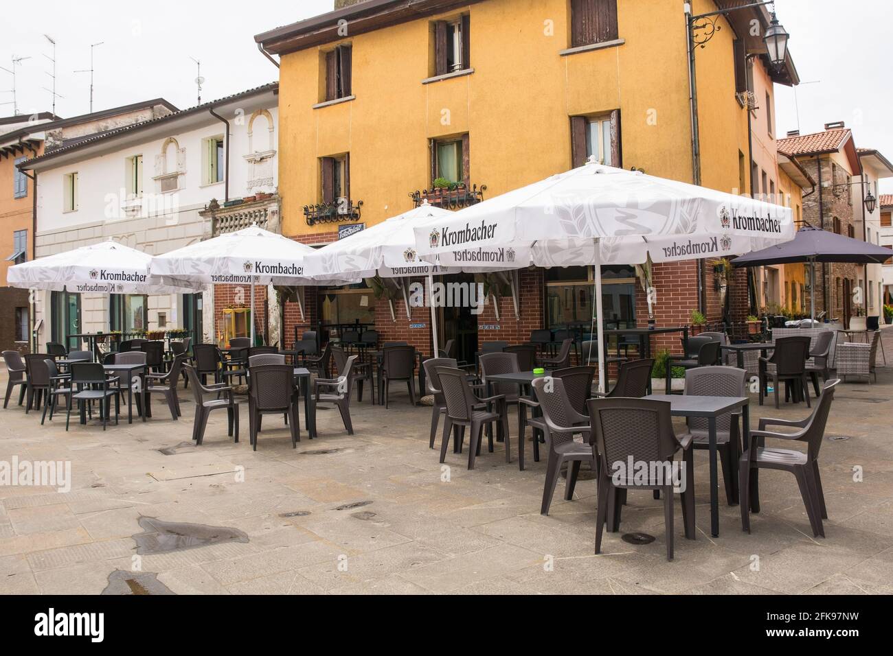 Marano Lagunare,Italy-April 29th 2021.A restaurant expands its outdoor seating space as the 3rd national lockdown is lifted, only outdoors is allowed Stock Photo