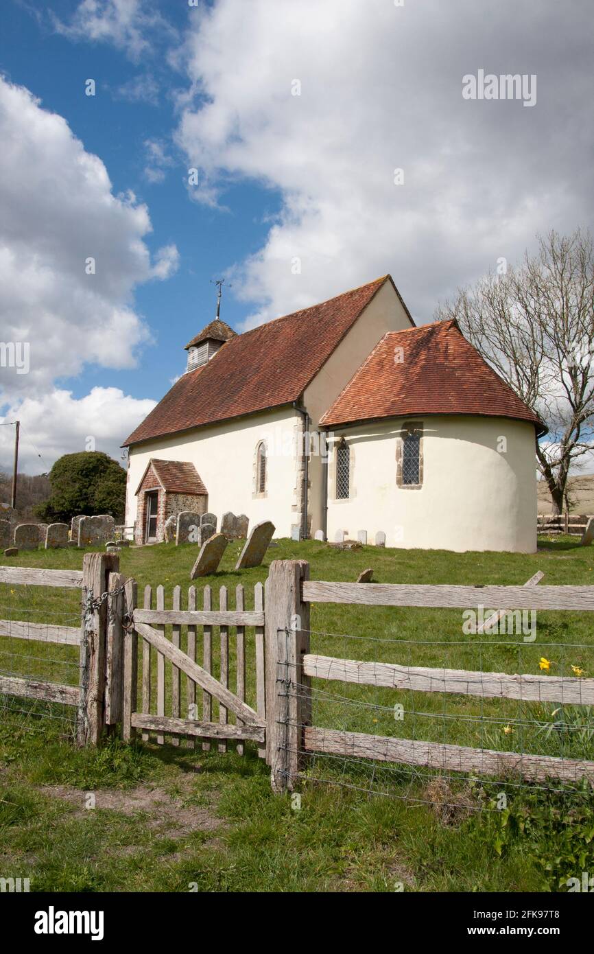 St Mary the Virgin 12th century little church aka 'the church in the field', Upwaltham, nr Petworth, West Sussex, England Stock Photo