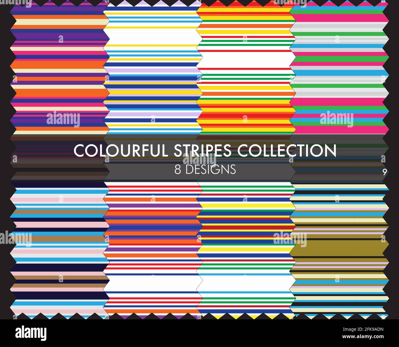 Colourful striped seamless pattern collection includes 8 design swatches for fashion textiles, graphics Stock Vector