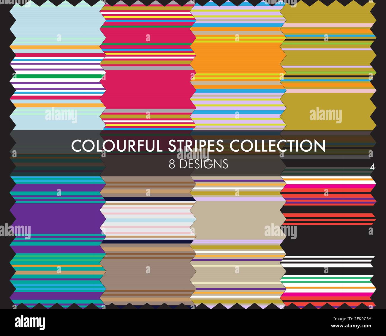 Colourful striped seamless pattern collection includes 8 design swatches for fashion textiles, graphics Stock Vector
