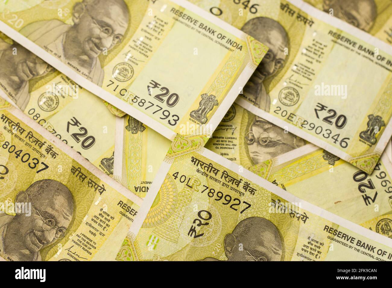 Assam, india - March 30, 2021 : Indian new 20 Rupees note stock image. Stock Photo