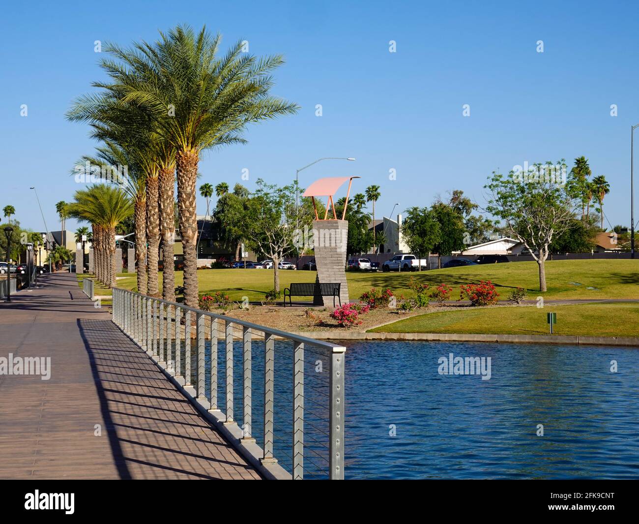 Lake and recreation areas at Riverview Park, on a cloudless afternoon in Maricopa County’s Mesa, Arizona, USA. Stock Photo